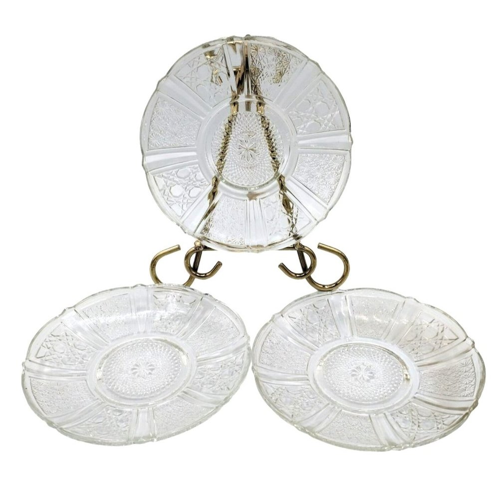 Small Plates Saucers Clear Glass Cut Daisey and Cane  Malaysian Marked Set of 3